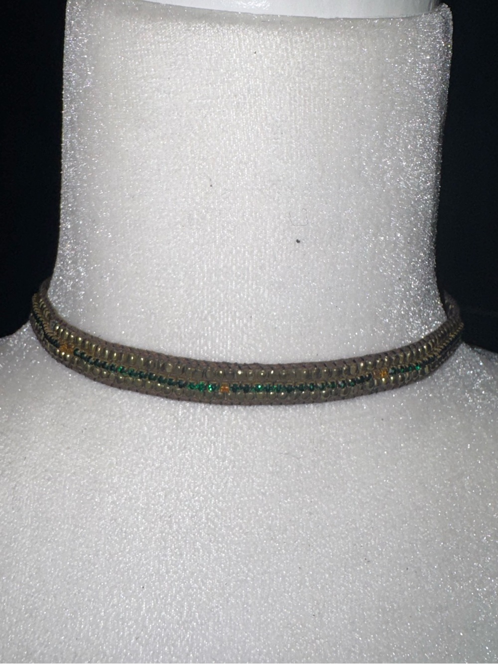 Gold olive Green Beaded Choker Necklace rhinestone crystal vintage